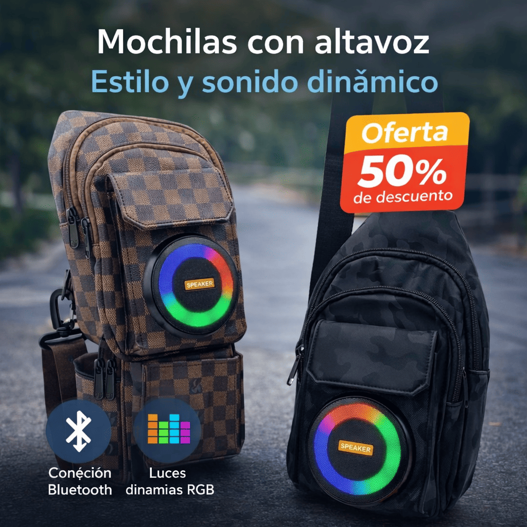 Morral Sling con Bocina Bluetooth + Luces RGB: lleva tus cosas seguras y arma el ambiente donde vayas