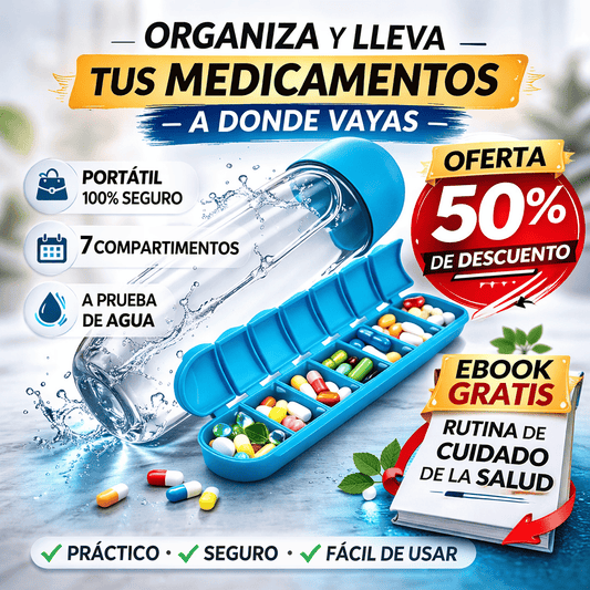 Botella de Agua + Pastillero 7 Días (2 en 1): toma tus dosis con orden, donde estés