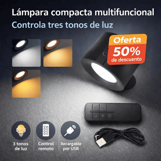 Lámpara de Pared Inalámbrica Recargable: luz dirigida 360° con 3 tonos y control remoto