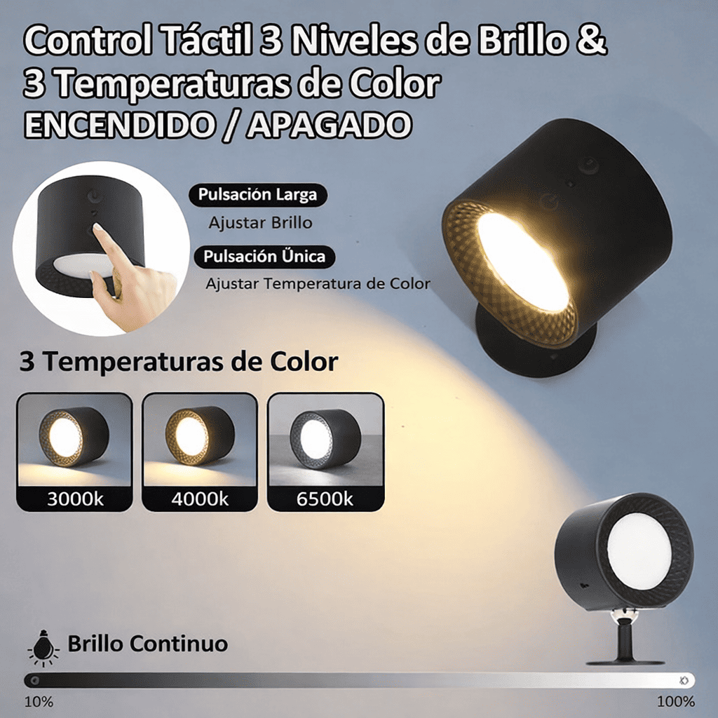 Lámpara de Pared Inalámbrica Recargable: luz dirigida 360° con 3 tonos y control remoto