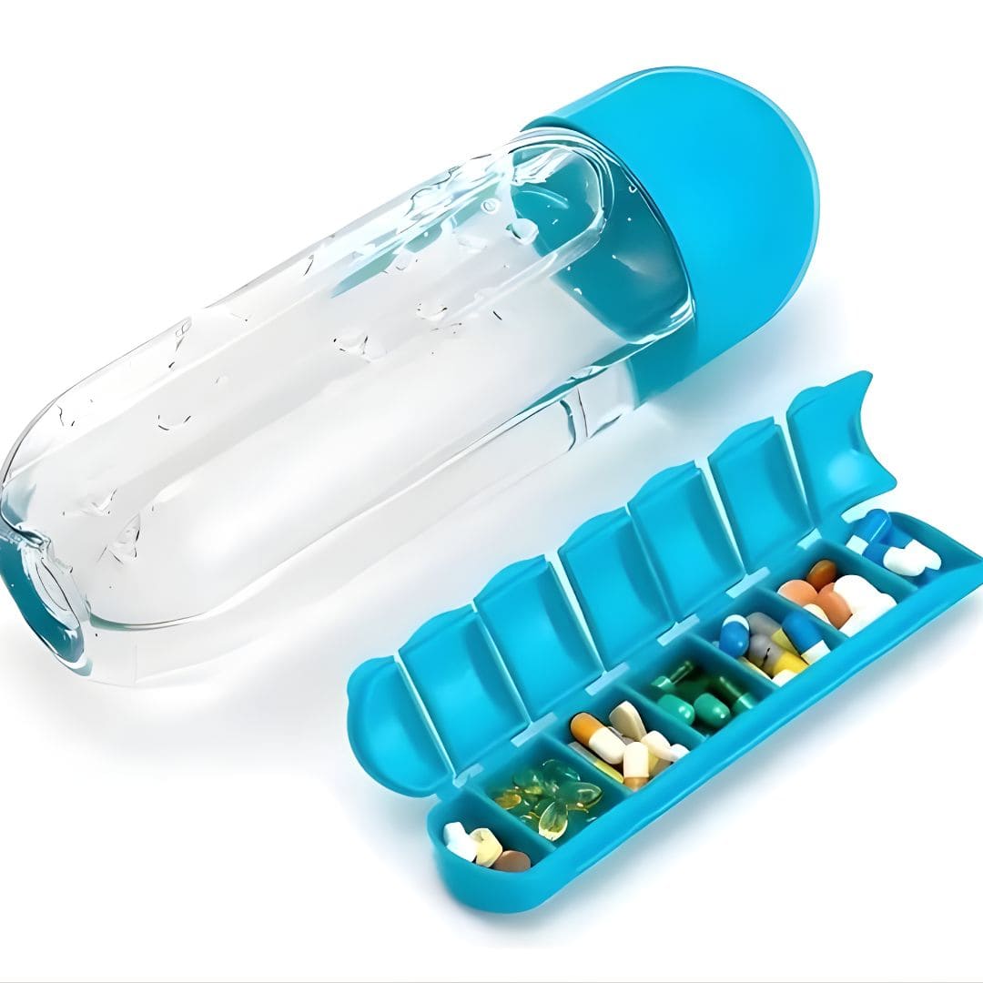 Botella de Agua + Pastillero 7 Días (2 en 1): toma tus dosis con orden, donde estés